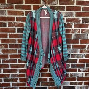 Matilda Jane Mixed Print Cardigan MEDIUM Plaid & Stripes Boho Fringe Vibrant